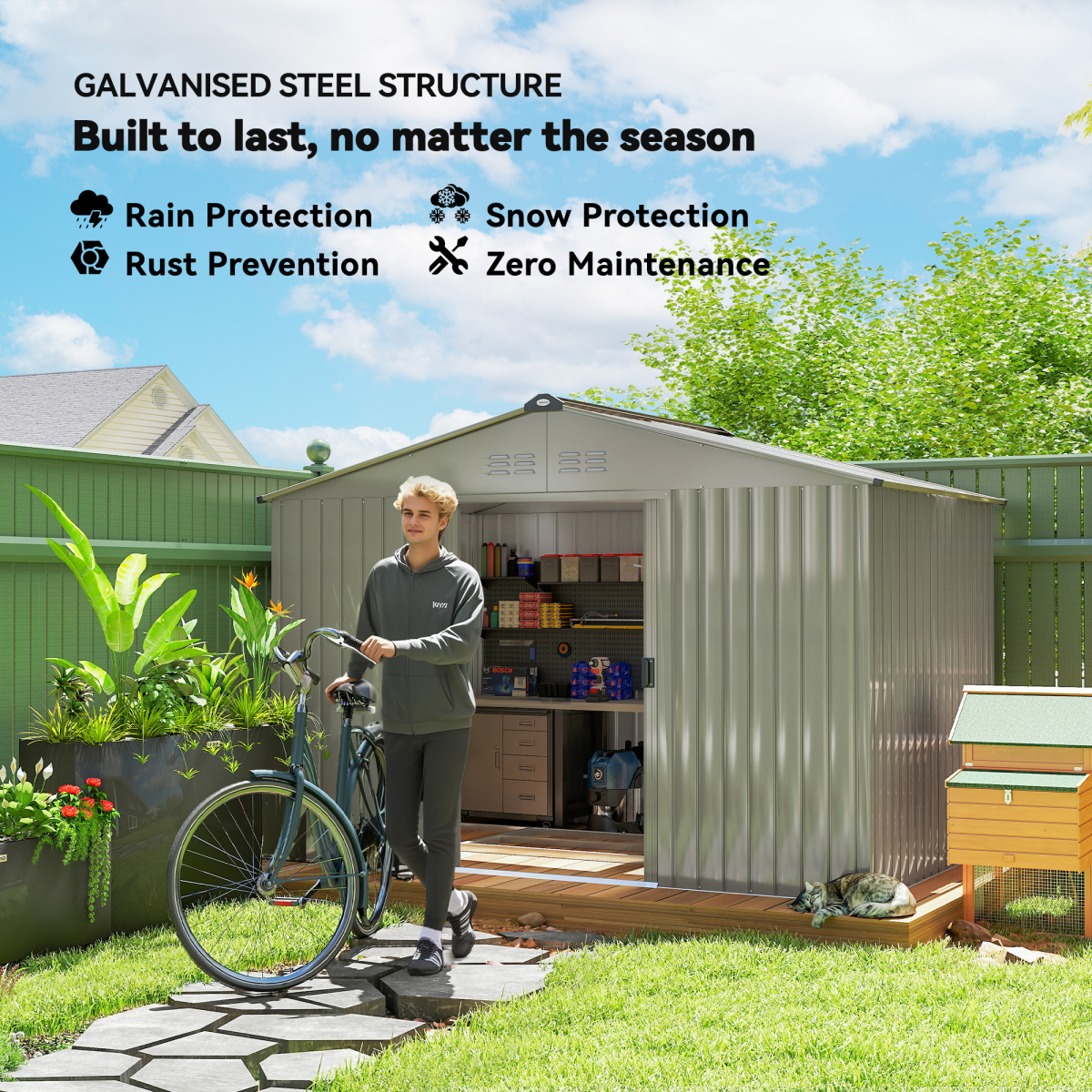 Outsunny 9 x 6FT Galvanised Garden Storage Shed with Sliding Door, Grey - Hot Tub Shop