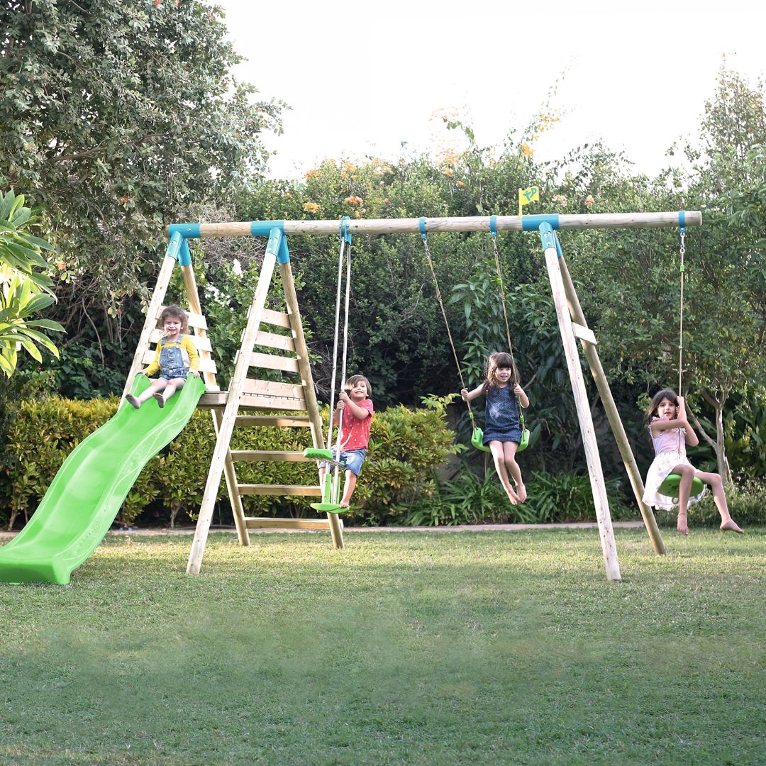 TP Knightswood Triple Wooden Swing & Slide Set With Glide Ride & Button Seat