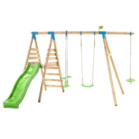 TP Knightswood Triple Wooden Swing & Slide Set With Glide Ride & Button Seat