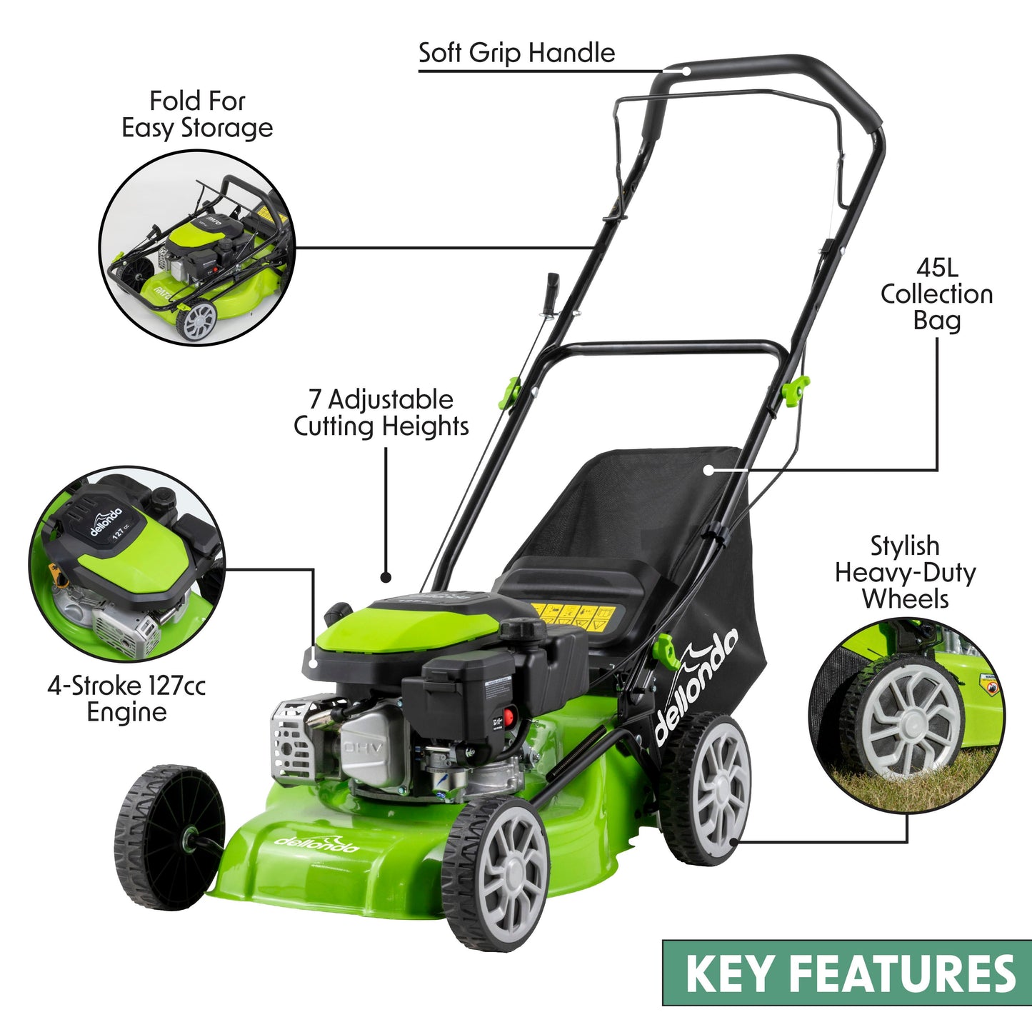 127cc 17"/41cm Hand-Propelled Petrol Lawnmower, 4-Stroke - DG100 - Hot Tub Shop