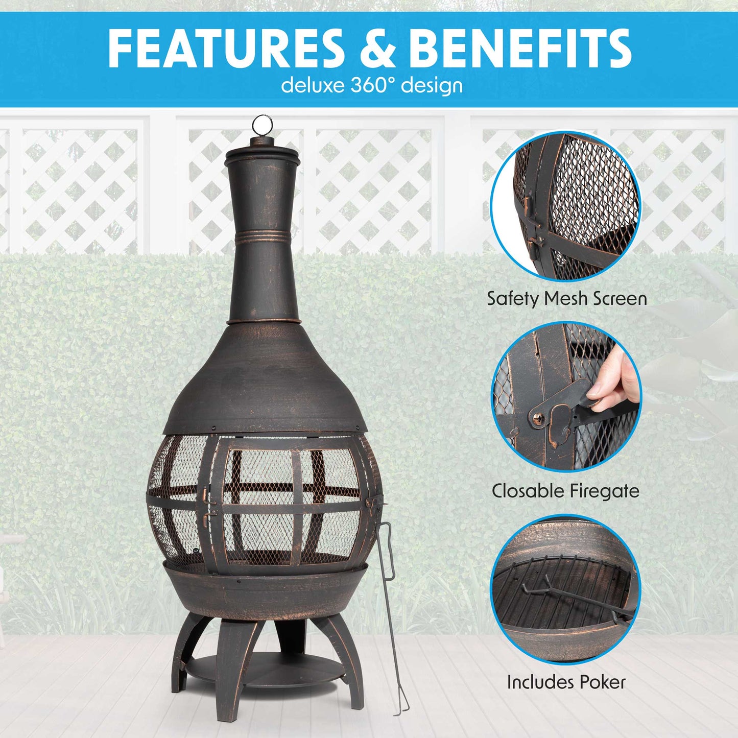Deluxe 360° Chiminea/Fire Pit/Outdoor Heater inc Fire Poker & Cover - Antique Bronze Finish - DG241 - Hot Tub Shop