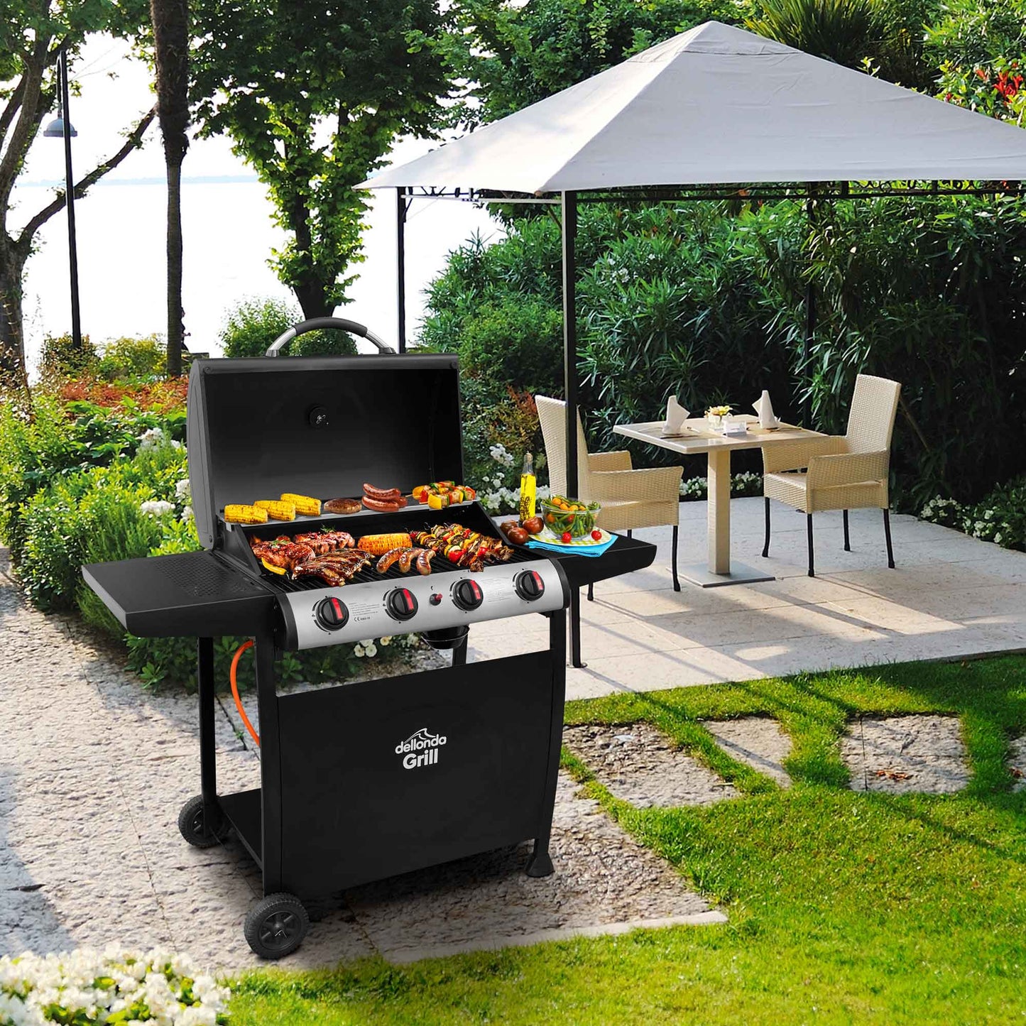 Dellonda 4 Burner Gas BBQ - Black & Stainless Steel