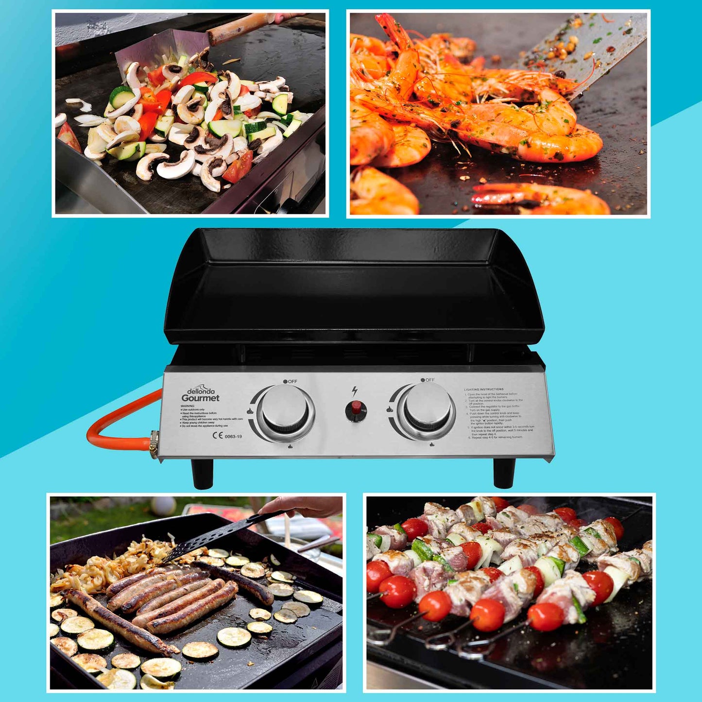 Dellonda 2 Burner Portable Gas Plancha Griddle With Cover - Black & Stainless Steel