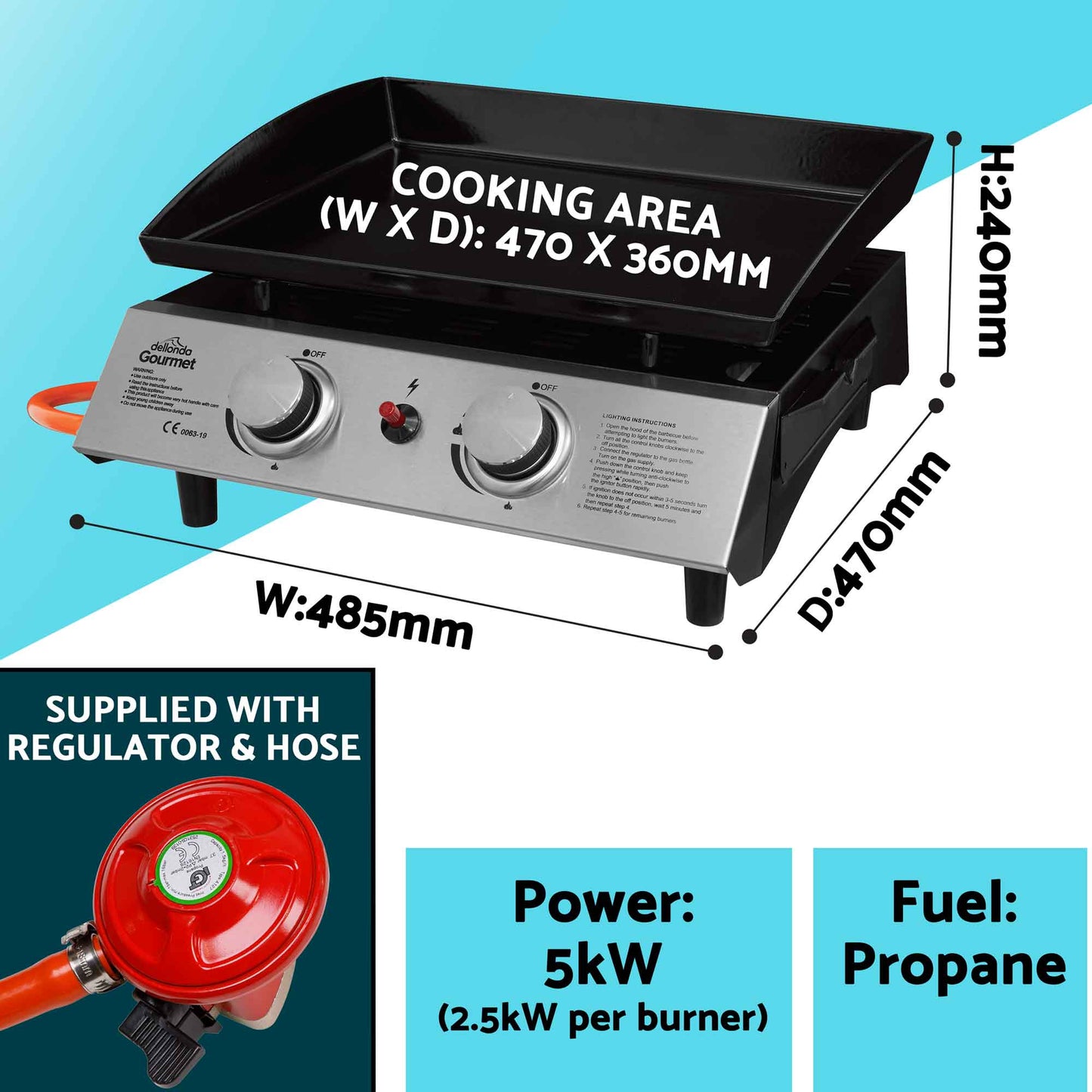 Dellonda 2 Burner Portable Gas Plancha Griddle With Cover - Black & Stainless Steel