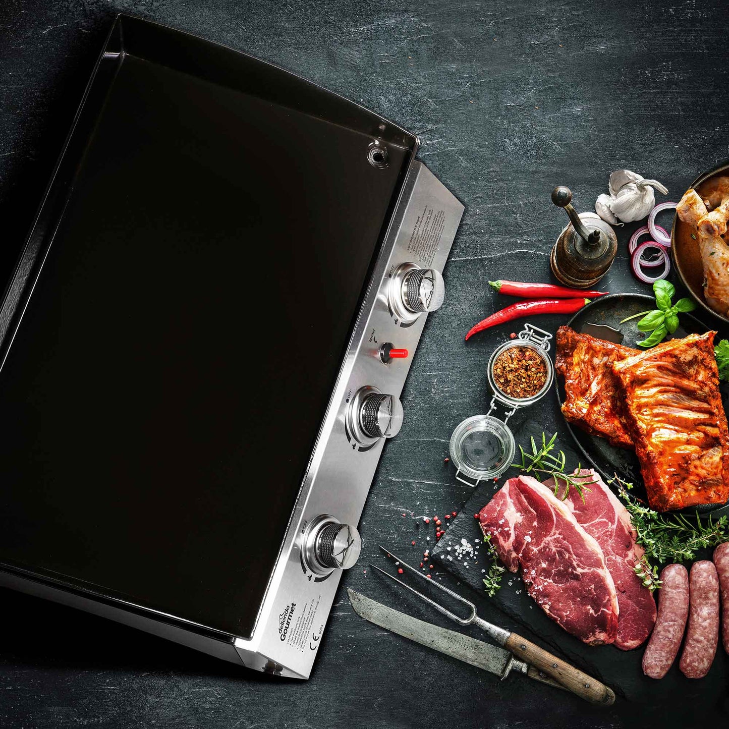 Dellonda 3 Burner Portable Gas Plancha Griddle With Cover - Black & Stainless Steel