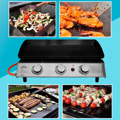 Dellonda 3 Burner Portable Gas Plancha Griddle With Cover - Black & Stainless Steel