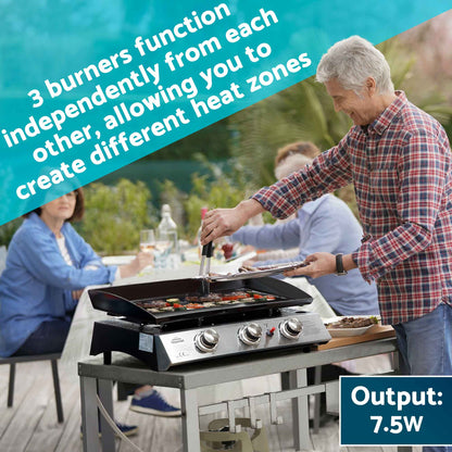 Dellonda 3 Burner Portable Gas Plancha Griddle With Cover - Black & Stainless Steel