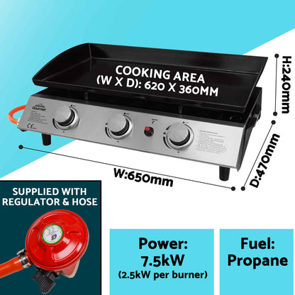 Dellonda 3 Burner Portable Gas Plancha Griddle With Cover - Black & Stainless Steel