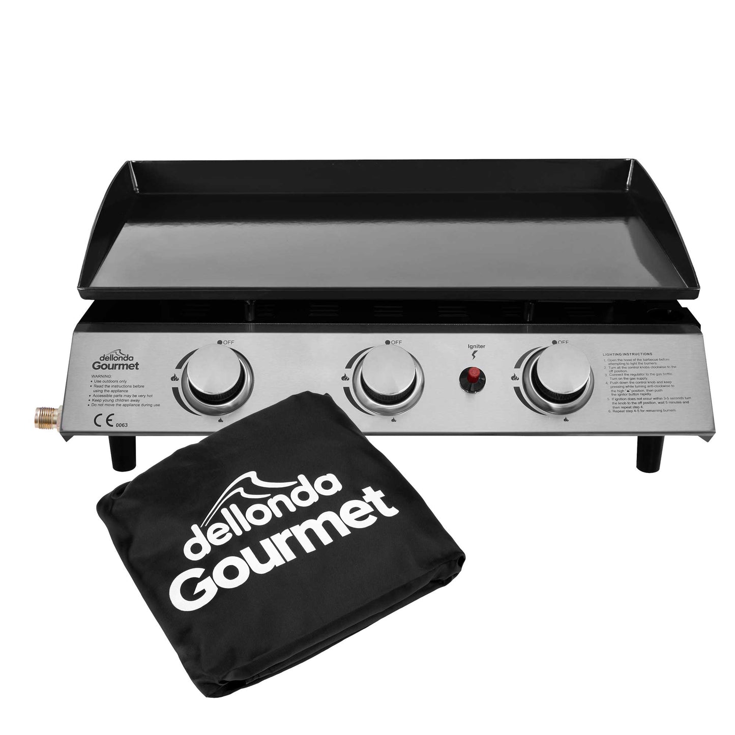 Dellonda 3 Burner Portable Gas Plancha Griddle With Cover - Black & Stainless Steel