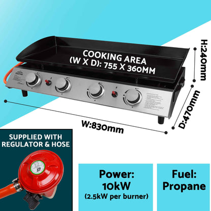 Dellonda 4 Burner Portable Gas Plancha Griddle With Cover - Black & Stainless Steel