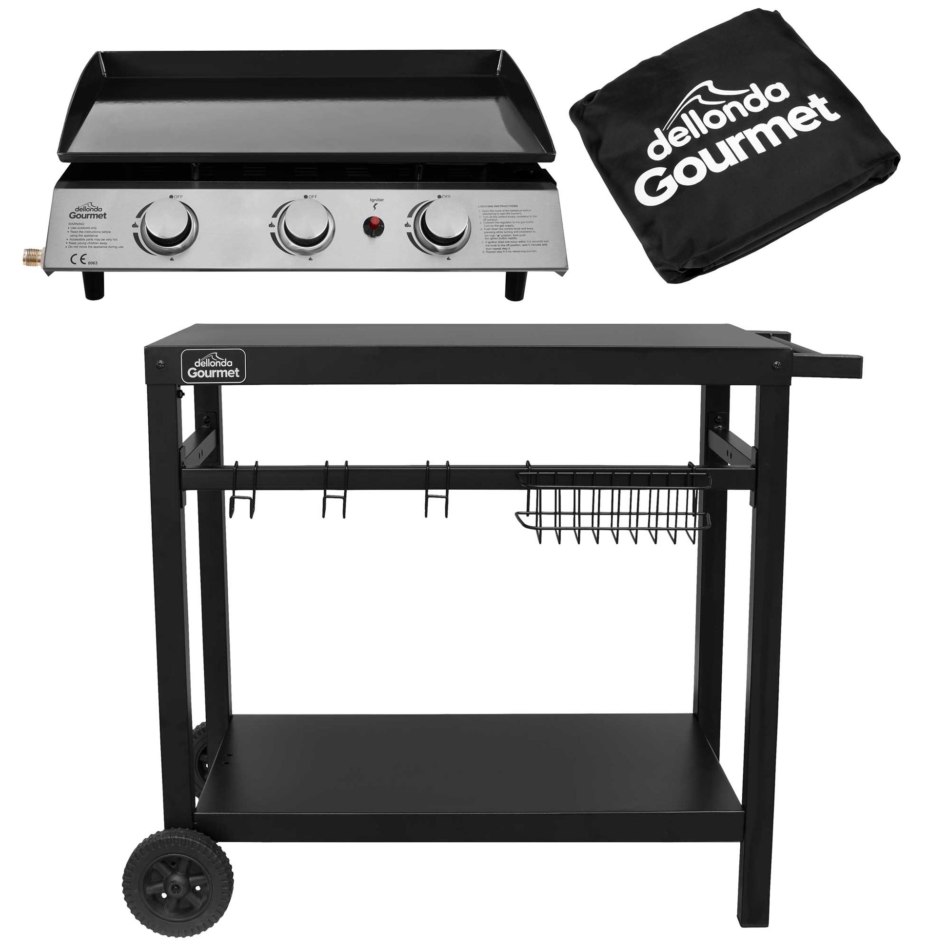 3 Burner Portable Gas Plancha 7.5kW BBQ Griddle with Cover & Trolley - DG250 - Hot Tub Shop