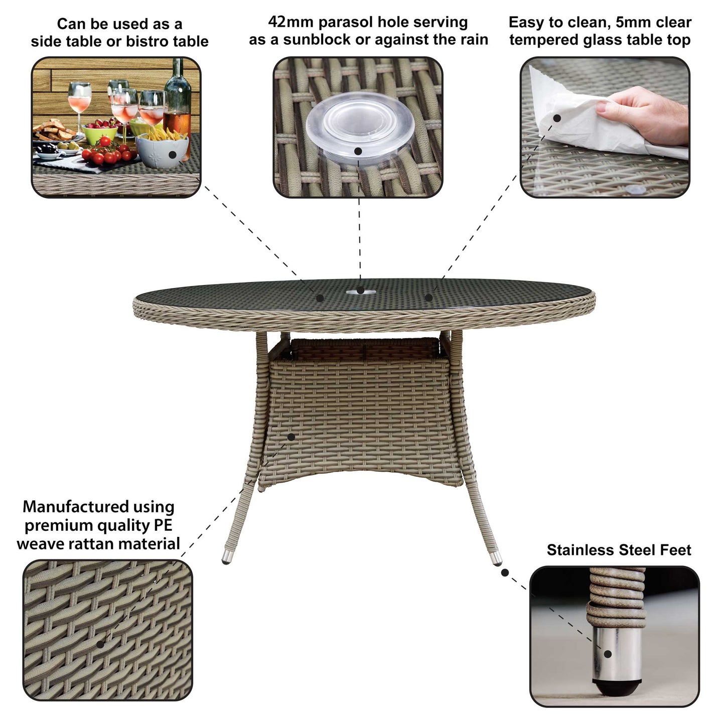 Chester Rattan Wicker Outdoor Dining Table with Tempered Glass Top - DG67 - Hot Tub Shop