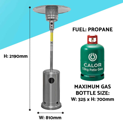 Freestanding Gas Patio Heater 13kW with Wheels & Cover, Stainless Steel - DG221