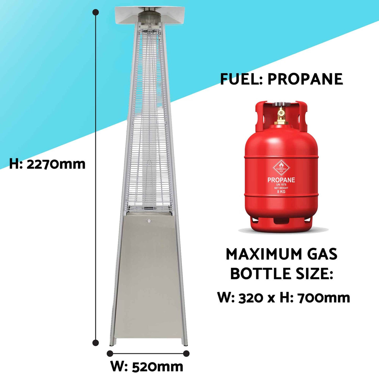 Pyramid Gas Patio Heater 13kW for Commercial & Domestic Use, with Cover, Stainless Steel - DG225
