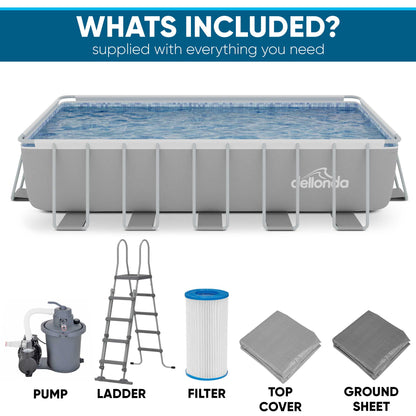 Dellonda 21ft Deluxe Rectangular Steel Frame Swimming Pool with Step Ladder & Filter Pump - DL150