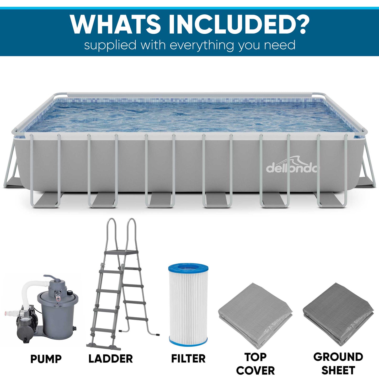 Dellonda 25ft Deluxe Steel Frame Swimming Pool, Rectangular with Step Ladder, Pool and Ground Cover and Filter Sand Pump - DL151