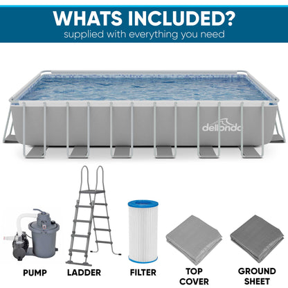 Dellonda 25ft Deluxe Steel Frame Swimming Pool, Rectangular with Step Ladder, Pool and Ground Cover and Filter Sand Pump - DL151