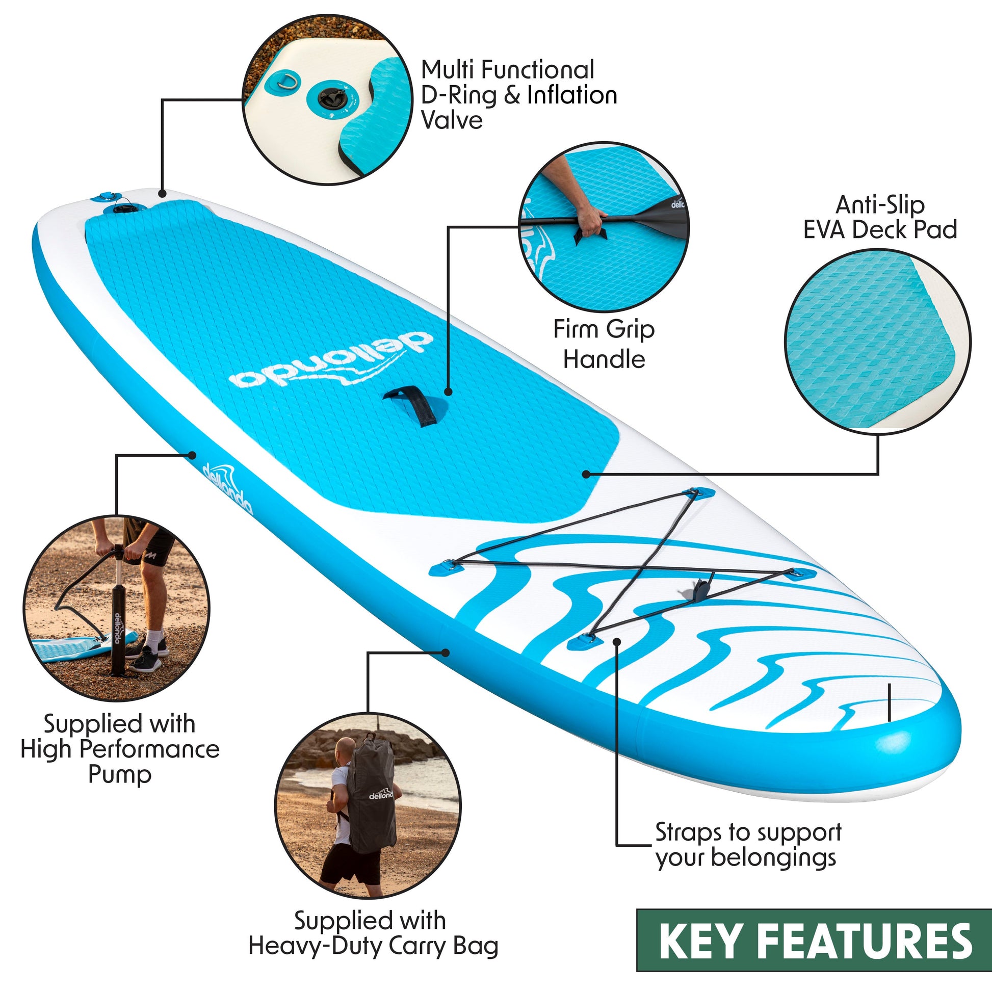 Inflatable Stand Up Paddle Board, SUP, Light Blue/White, 10'6", Leash, Pump, Carry Bag, DL152 - Hot Tub Shop