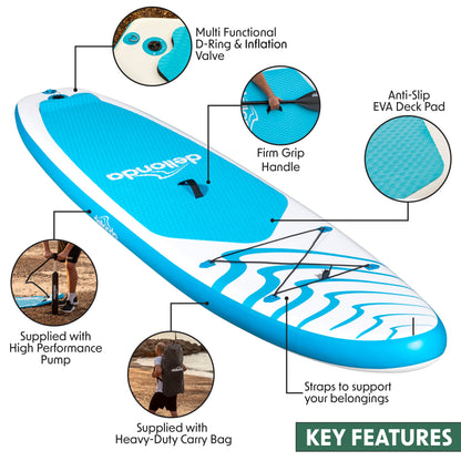 Inflatable Stand Up Paddle Board, SUP, Light Blue/White, 10'6", Leash, Pump, Carry Bag, DL152 - Hot Tub Shop