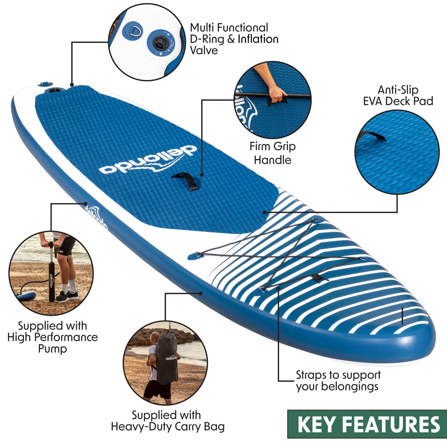 Inflatable Stand Up Paddle Board, SUP, Blue/White, 10'2", Leash, Pump, Carry Bag, DL153 - Hot Tub Shop