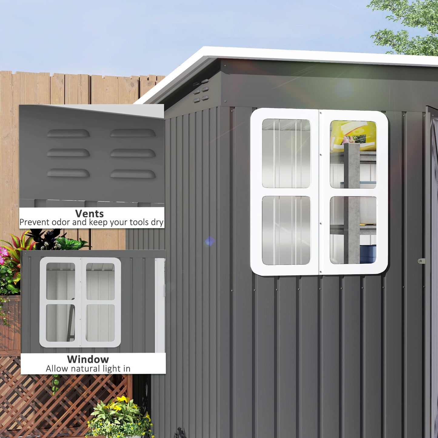 Outsunny 8.5 x 6ft Galvanised Steel Garden Shed with Foundation Kit, Grey