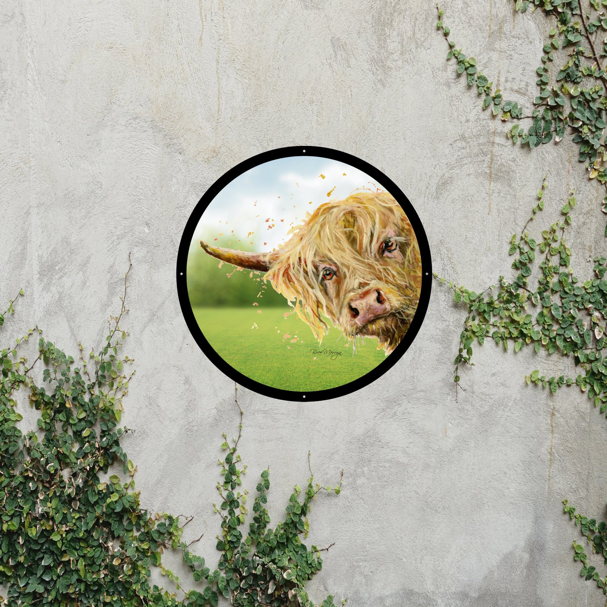 SunCatcher Garden Mirror Brody, Highland Cow Illustrations by Bree Merryn - Hot Tub Shop