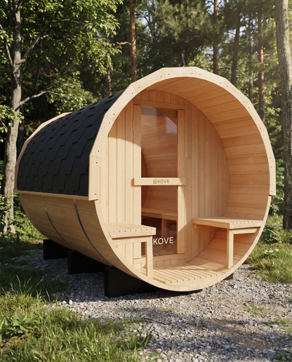 KOVE Outdoor Barrel Sauna – 5–6 Person Garden Sauna with 6kW Electric Heater