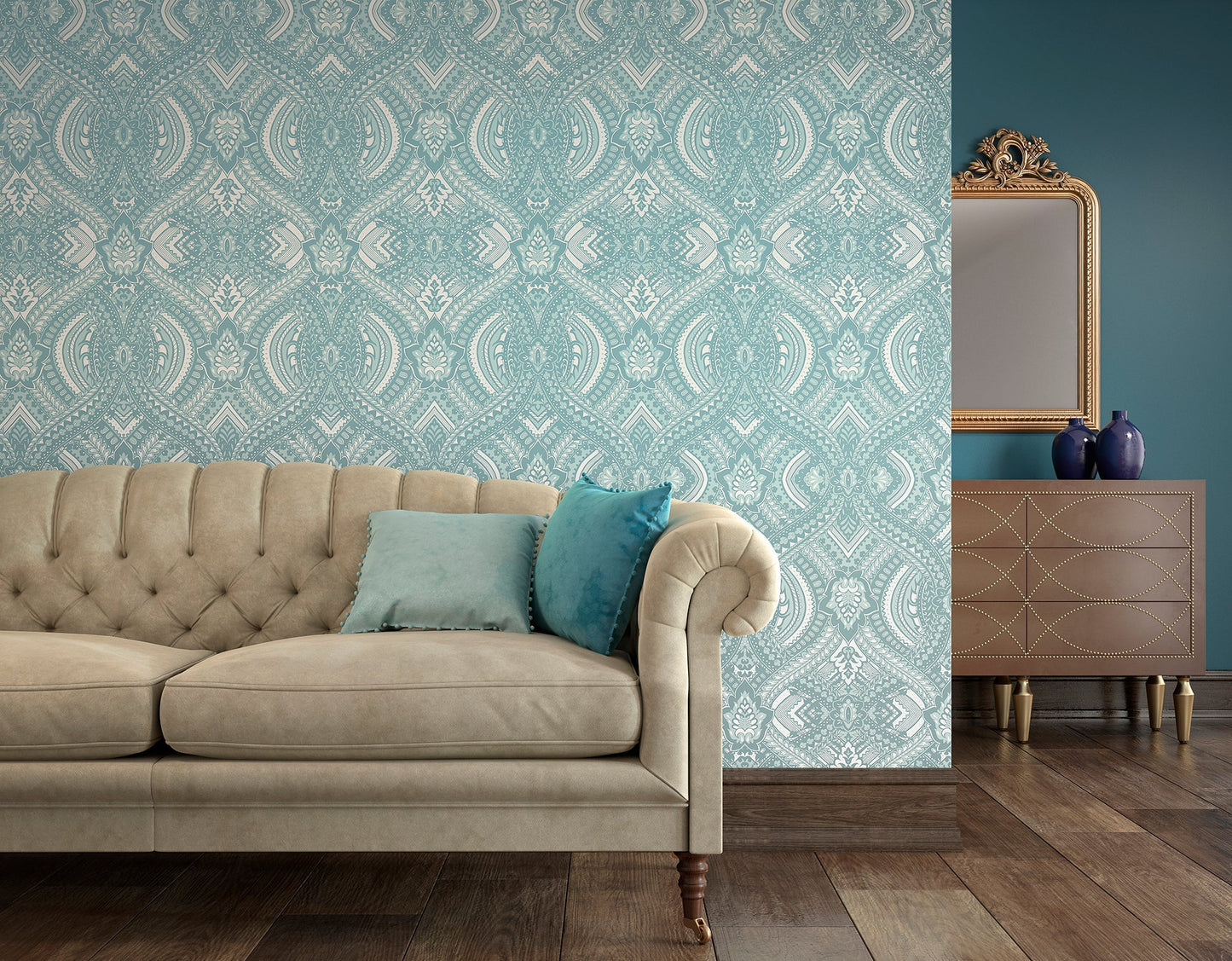 Hoopla Walls Ogee Damask Duck Egg Blue - Hot Tub Shop