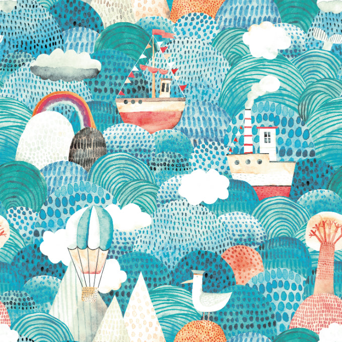 Hoopla Walls Ships Ahoy Aqua Coral - Hot Tub Shop