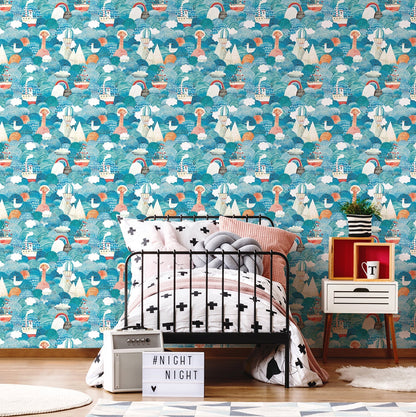 Hoopla Walls Ships Ahoy Aqua Coral - Hot Tub Shop