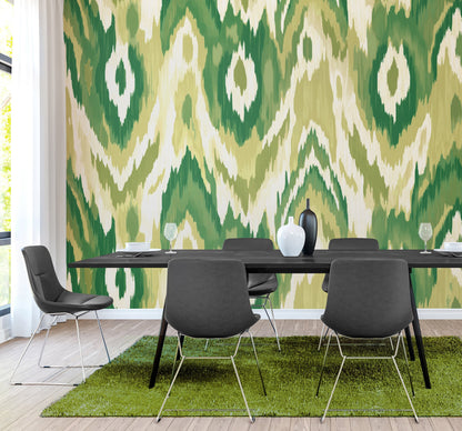 Origin Murals Watercolour Ikat Forest Green 350cm X 280cm - Hot Tub Shop