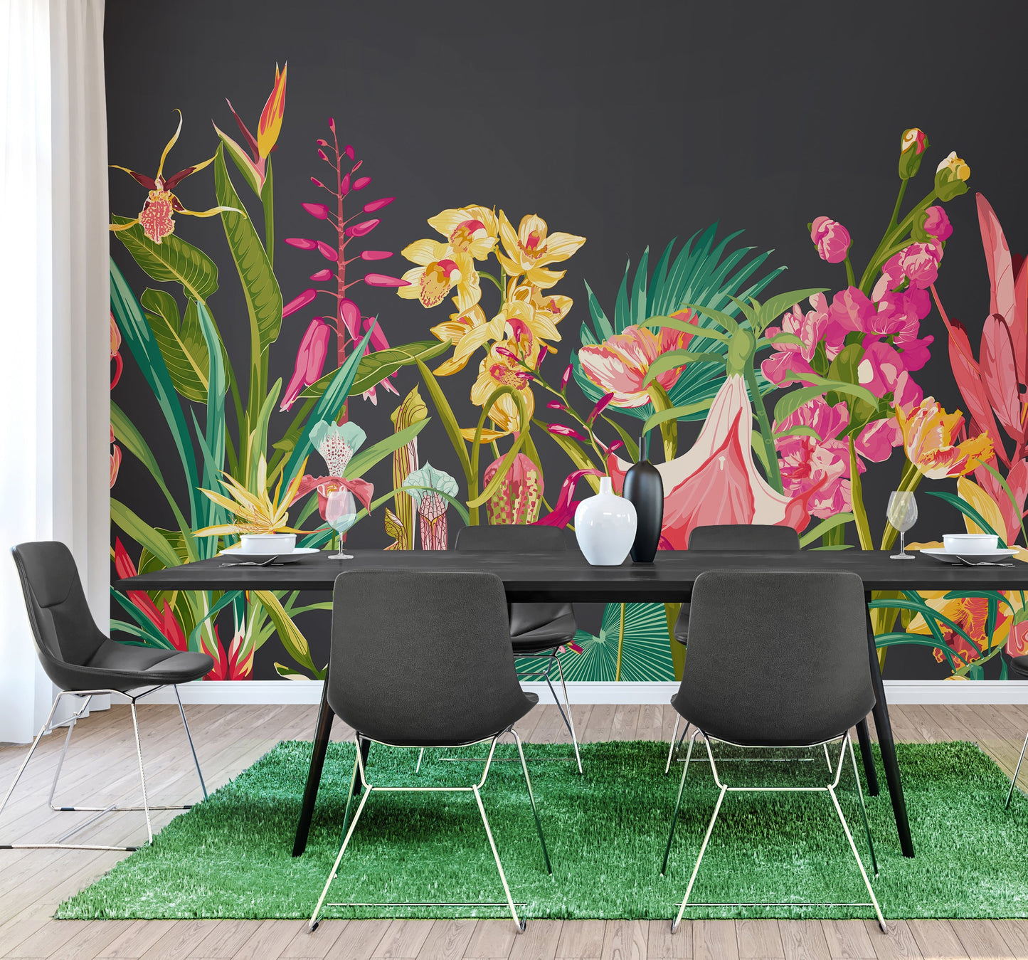Origin Murals Tropical Foliage Charcoal Ruby 300cm X 240cm