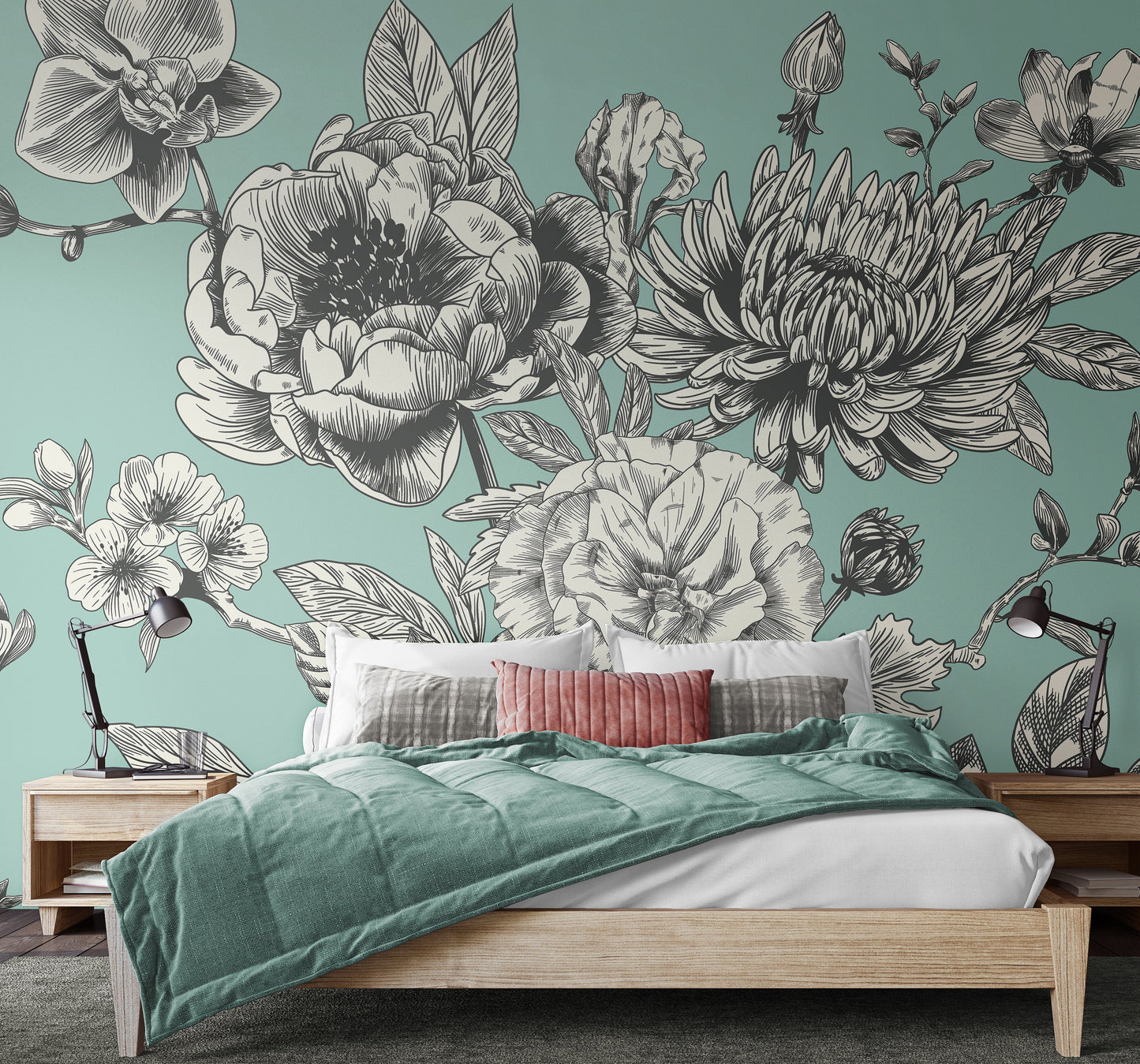 Origin Murals Rose Toile Seafoam 300cm X 240cm - Hot Tub Shop