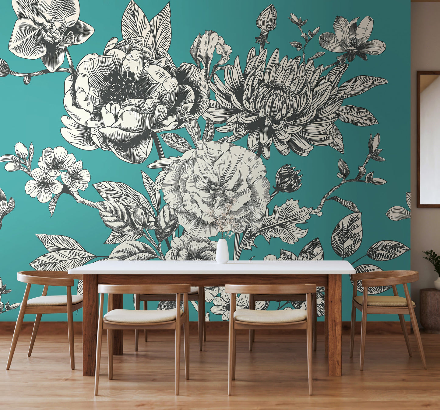 Origin Murals Rose Toile Teal Blue 350cm X 280cm