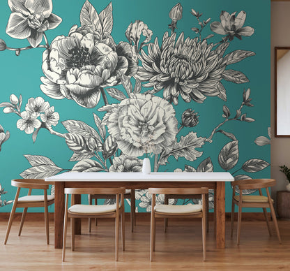 Origin Murals Rose Toile Teal Blue 350cm X 280cm