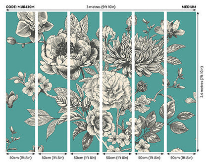 Origin Murals Rose Toile Teal Blue 300cm X 240cm