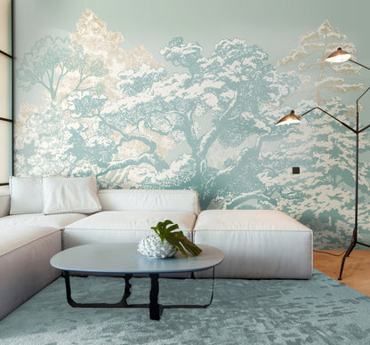 Origin Murals Etched Trees Duck Egg Blue 300cm X 240cm