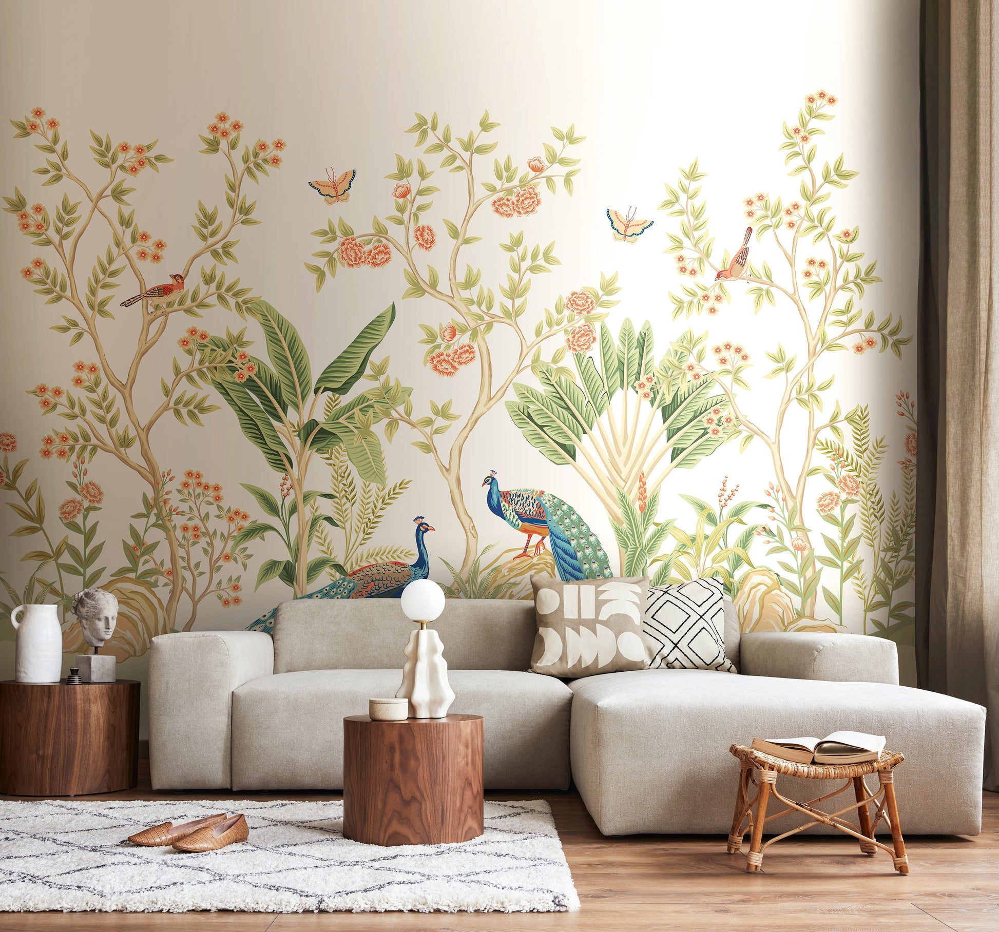 Origin Murals Peacock Garden Sage Apricot 300cm X 240cm - Hot Tub Shop