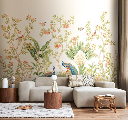Origin Murals Peacock Garden Sage Apricot 300cm X 240cm - Hot Tub Shop