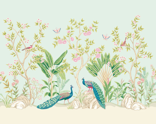 Origin Murals Peacock Garden Duck Egg Rose 350cm X 280cm