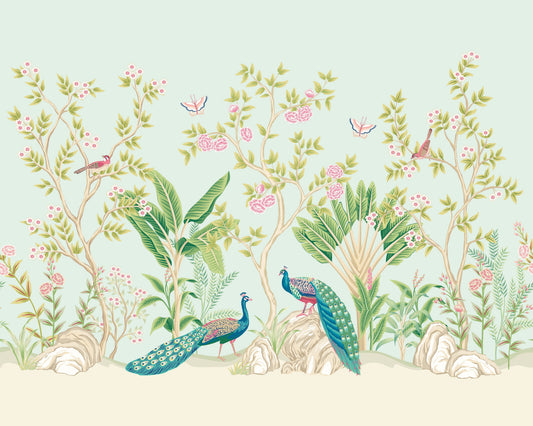Origin Murals Peacock Garden Duck Egg Rose 300cm X 240cm