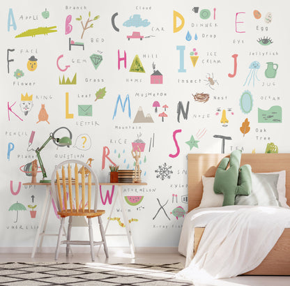 Origin Murals Childrens Alphabet Illustrations Multi Pink 350cm X 280cm