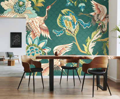 Origin Murals Cranes In Flight Green 300cm X 240cm