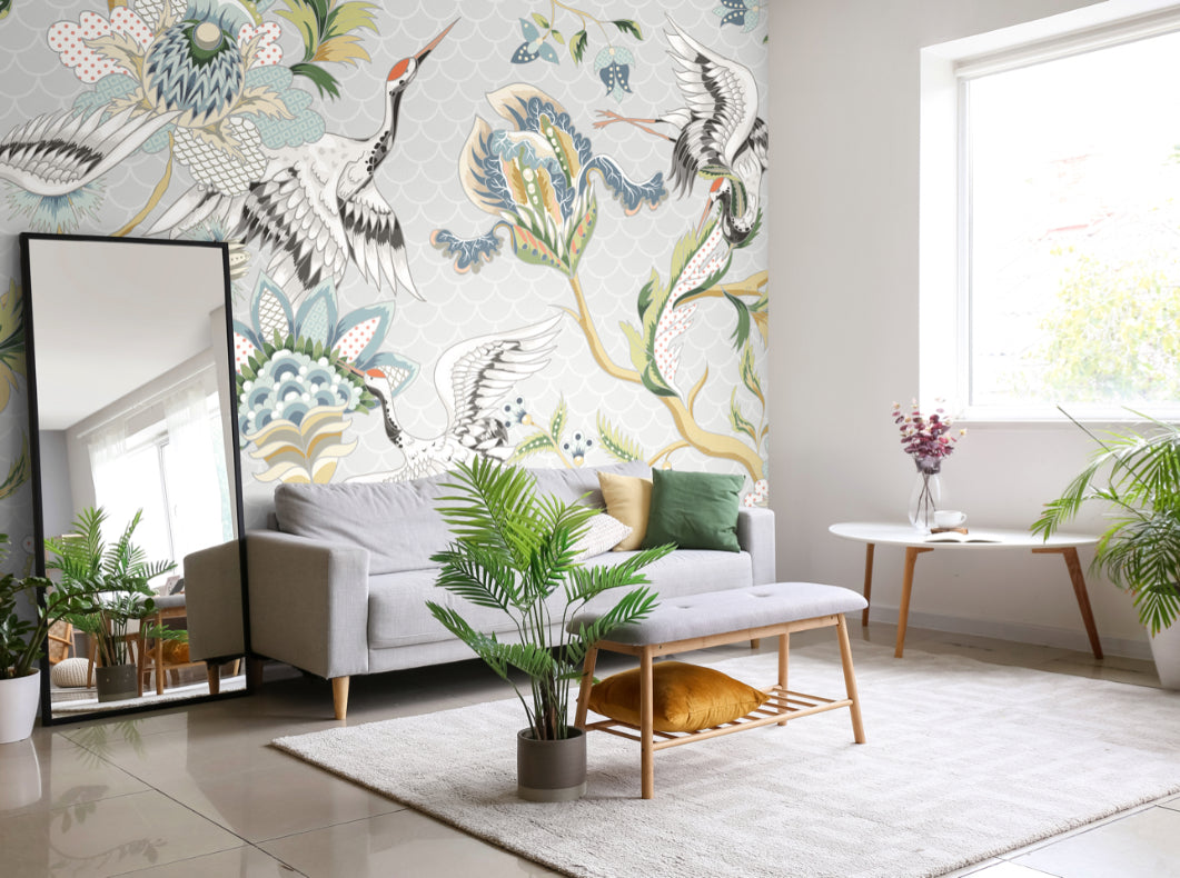 Origin Murals Cranes In Flight Grey 300cm X 240cm