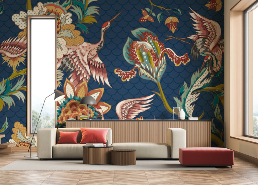 Origin Murals Cranes In Flight Navy Blue 350cm X 280cm - Hot Tub Shop
