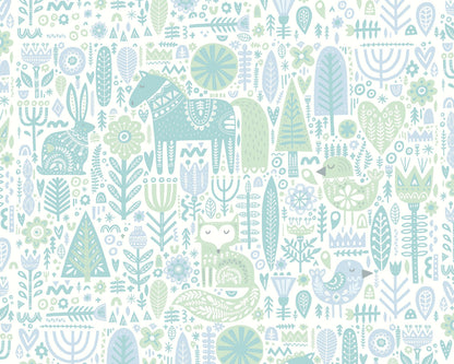 Origin Murals Scandi Forest Animals Teal Blue 350cm X 280cm