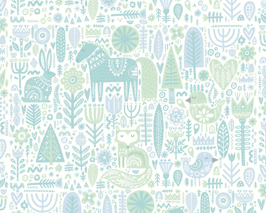 Origin Murals Scandi Forest Animals Teal Blue 300cm X 240cm