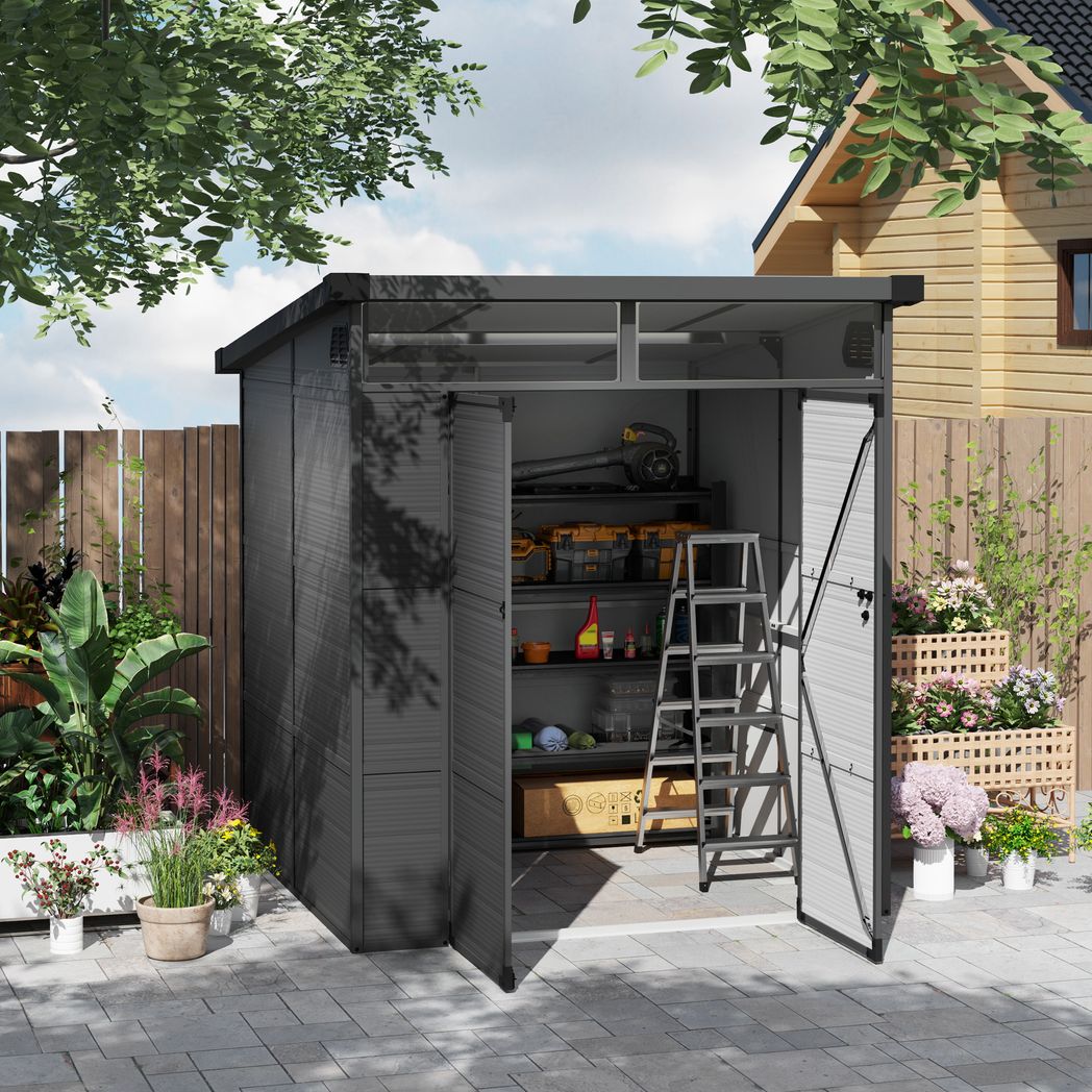 Outsunny 6 x 6ft Plastic Garden Shed with Windows and Air Vents - Hot Tub Shop