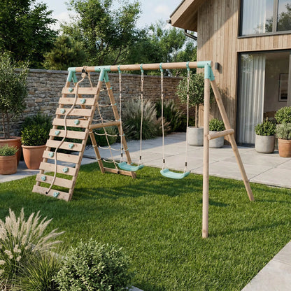 Double Wooden Swing Set With Climbing Wall - Boulder Brook I