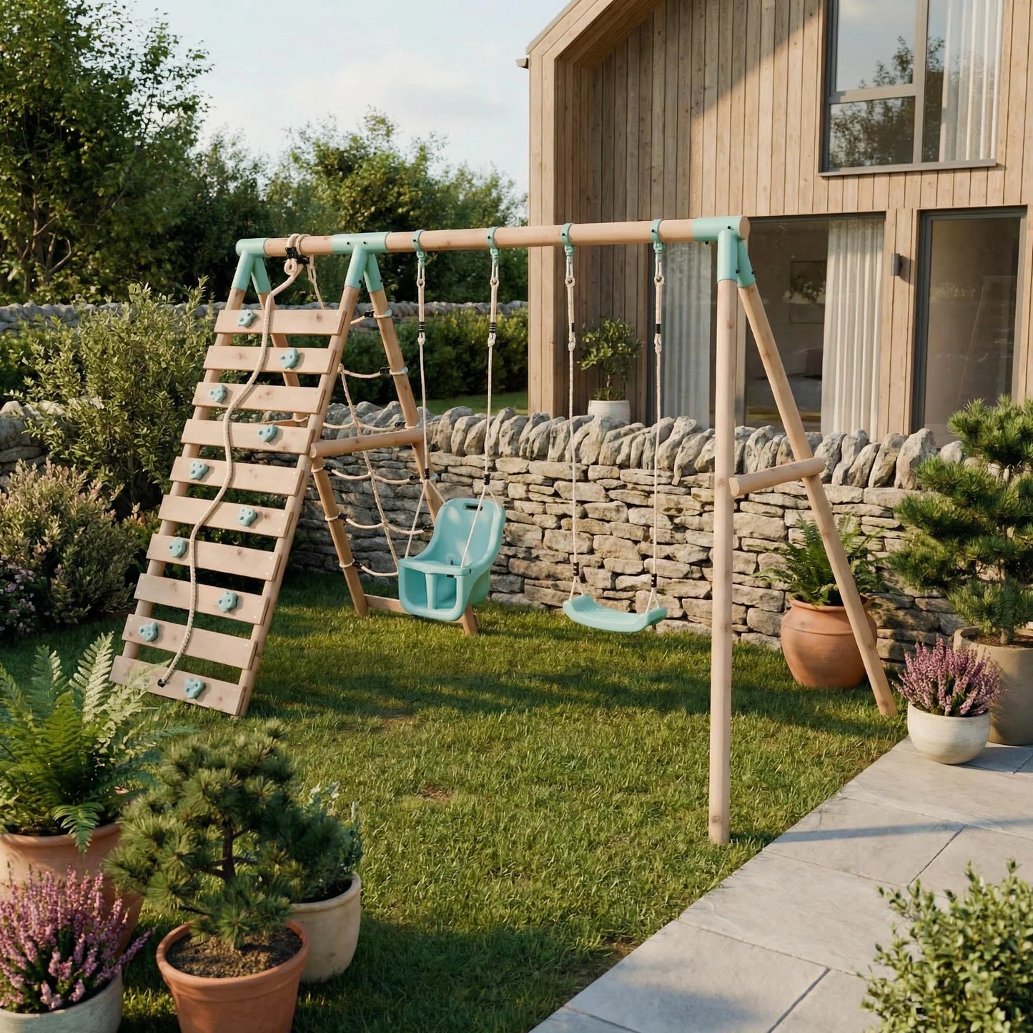 Double Wooden Swing Set With Baby Swing and Climbing Wall - Boulder Brook II